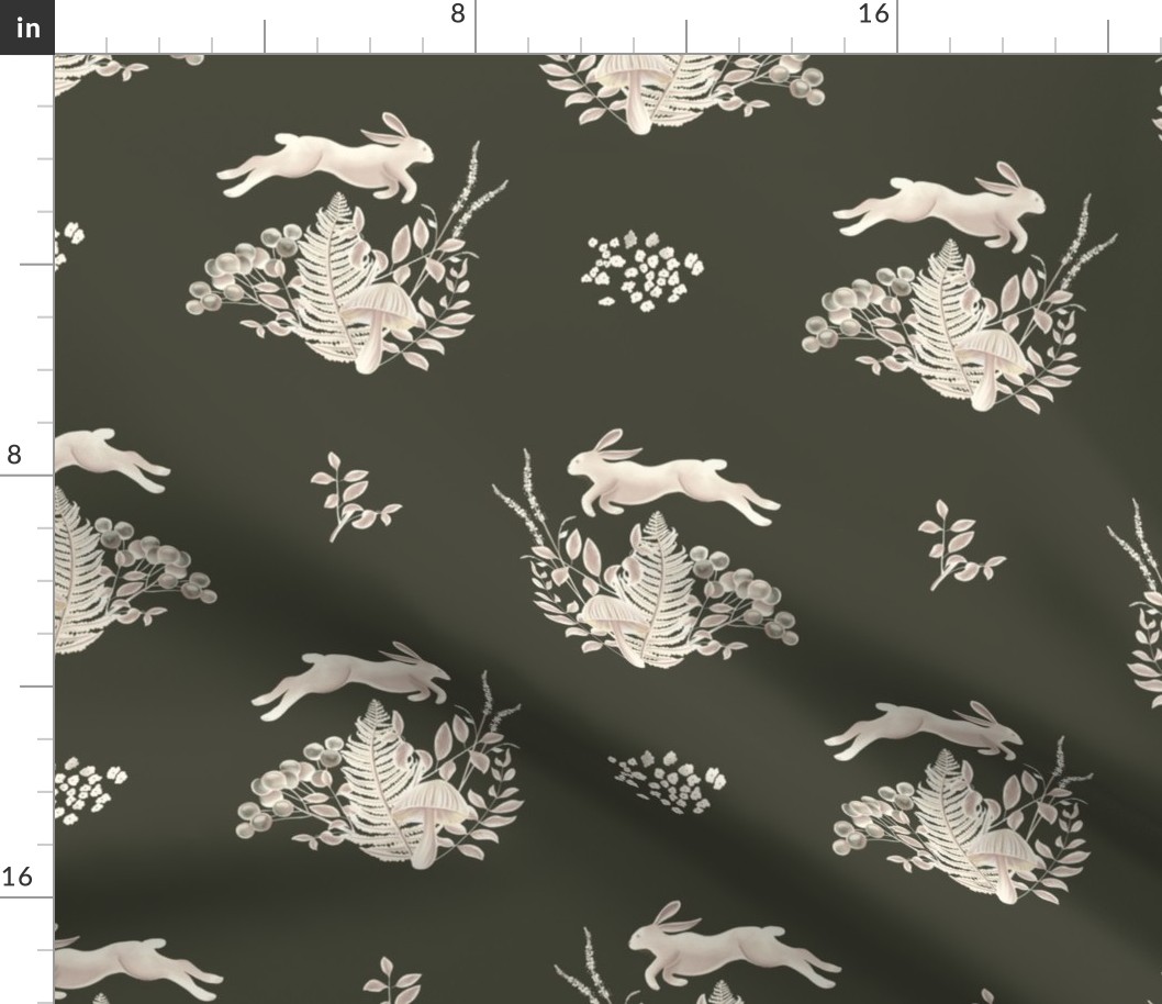 Leaping Hare in Dark Evergreen and Off White Beige