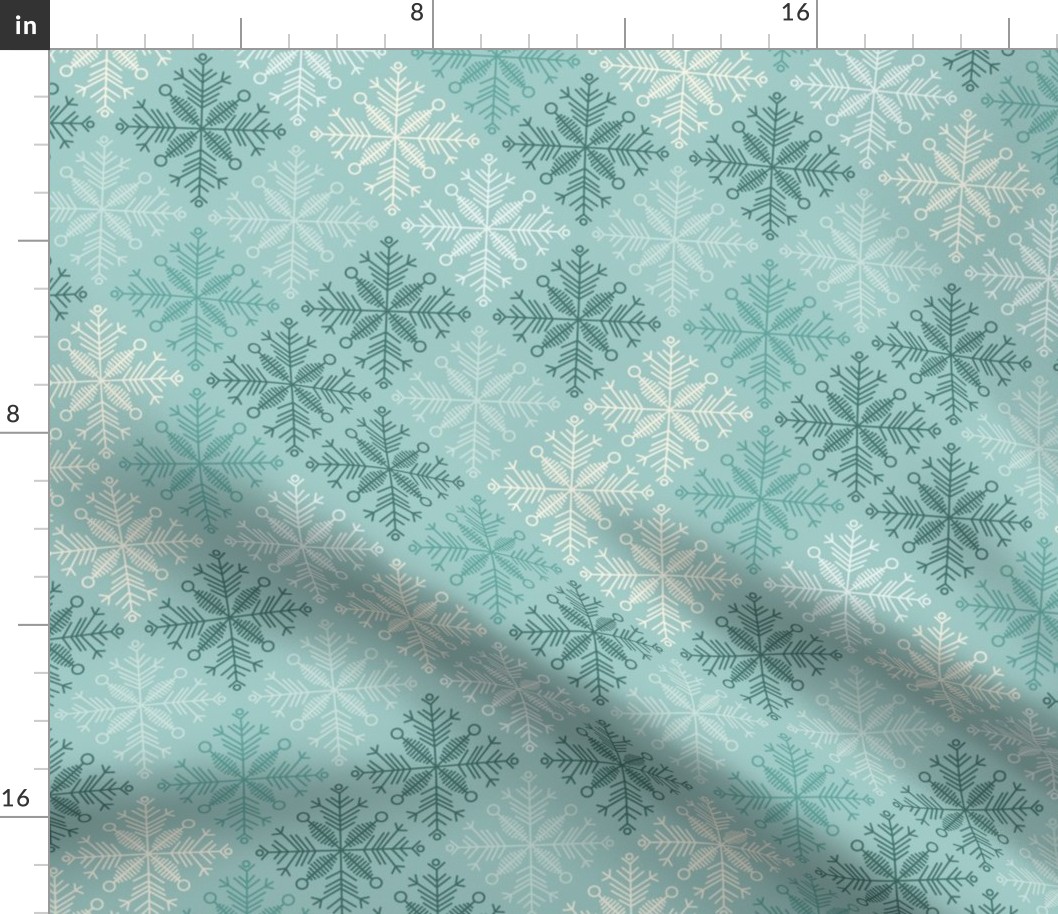 Winter knit style snowflakes | blue, green, teal, cream, pale teal | diagonal checkered | tonal check