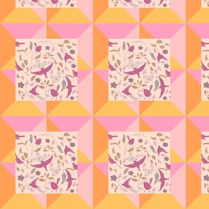 Pink Orange and Yellow with Birds and Florals  Small