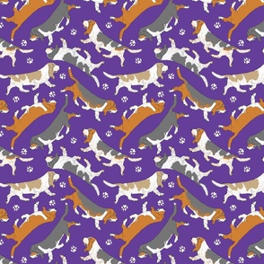 Trotting Basset hounds and paw prints - purple