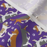 Tiny Trotting Basset hounds and paw prints - purple