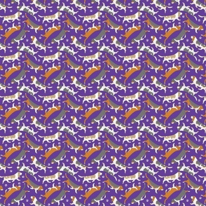 Tiny Trotting Basset hounds and paw prints - purple