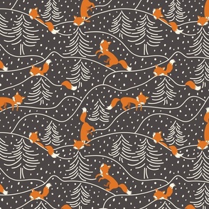 Fox in the snow at midnight on charcoal | Cream and rusty orange on warm charcoal black
