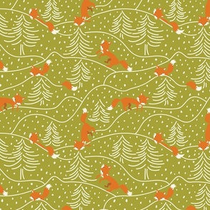 Fox in woodland | First snow | Polka dot on olive green | Cream and rusty red