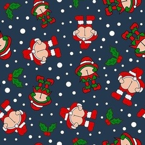 Medium Scale Cheeky Santa and Rude Elf Sarcastic Christmas Humor on Navy