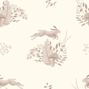 Leaping Woodland Hare in Beige and Brown / Off White 