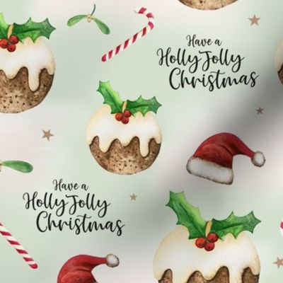 Holly Jolly Christmas Puddings Sage Green