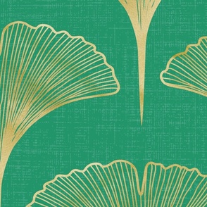 Opulent Mid Cool Green |  Ginkgo faux gold leaves on linen texture | Art Deco Fans