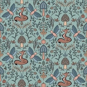 Mushrooms, Fox, Dragonfly Autumn Pattern on Blue