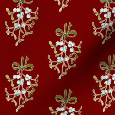 Christmas Mistletoe Festive Pattern on Red - Medium Scale