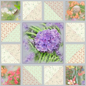 21x21-Inch Repeat of Faux Quilt with Purple Hydrangea