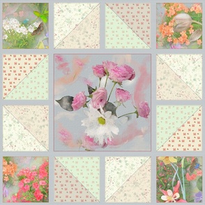 21x21-Inch Repeat of Faux Quilt with Pink Roses and White Daisies