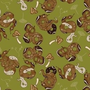 Watercolor Snakes and Mushrooms on Olive Green