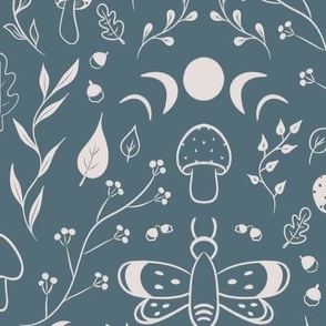 Mushroom, Moon & Dragonfly Blue Beige Line Art - Autumn Pattern on Solid Blue Background