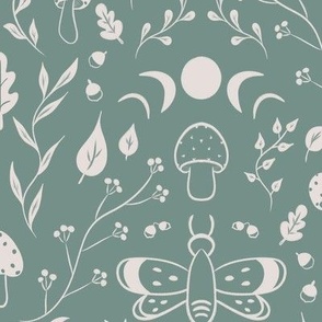 Mushroom, Moon & Dragonfly Solid Green Background with Beige Line Art - Autumn Pattern