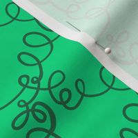 Fun cursive squiggles and swirls dark green on green monochromatic 