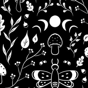 Blackest Black and White Mushroom Moon & Dragonfly Pattern