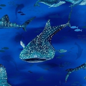 Ocean Giants  Watercolor whale sharks fish| deep blue |renee Davis