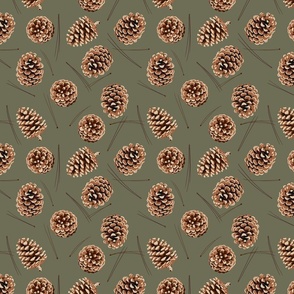 Falling pinecones green background autumn