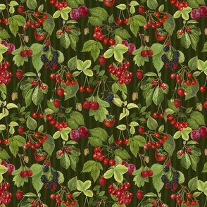 Fresh Summer Fruit Pattern On Dark Green With Subtle Stripes Smaller Scale