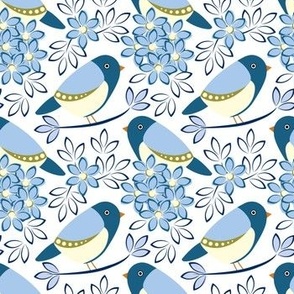 Blue birds on flowers