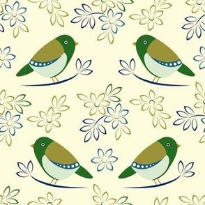 Green birds and leaves