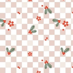 Christmas checkerboard - mistletoe and pine branches with berries seasonal holiday retro check design red green on blush beige neutral seventies palette