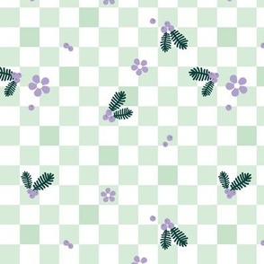 Christmas checkerboard - mistletoe and pine branches with berries seasonal holiday retro check design white mint green lilac