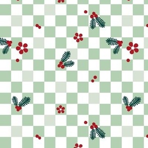 Christmas checkerboard - mistletoe and pine branches with berries seasonal holiday retro check design white mint green red