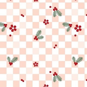 Christmas checkerboard - mistletoe and pine branches with berries seasonal holiday retro check design white blush red green girls