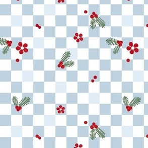Christmas checkerboard - mistletoe and pine branches with berries seasonal holiday retro check design white blue red green