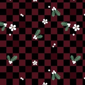 Christmas checkerboard - mistletoe and pine branches with white berries seasonal holiday retro check design green on burgundy red black