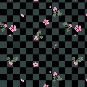 Christmas checkerboard - mistletoe and pine branches with berries seasonal holiday retro check design pink sea foam green black
