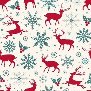 Woodland Christmas Reindeer and Snowflakes on Cream