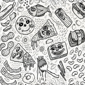 favorite foods in black and white, large scale, quirky anthropomorphic funny cute whimsical