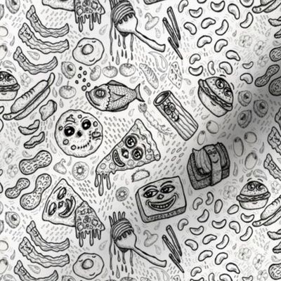favorite foods in black and white, ditsy small scale, quirky anthropomorphic funny cute whimsical foodies