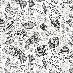 favorite foods in black and white, ditsy small scale, quirky anthropomorphic funny cute whimsical foodies