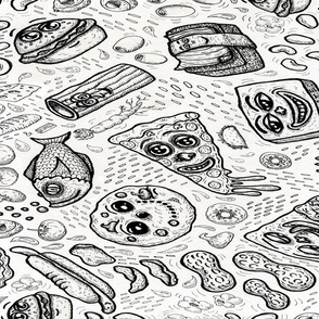 favorite foods in black and white, tea towel, quirky anthropomorphic funny cute whimsical foodies