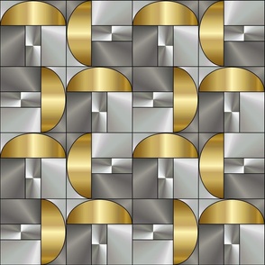 Golden Holy Mushrooms - M - Gold - Silver - Black – 1920s Fabric - Bauhaus - Geometric Shapes - Semicircles and Rectangles - Abstract Mushrooms - 3H Art Deco Reloaded Collection - By 3H-Art - Oda - Glamorous Timeless Pattern