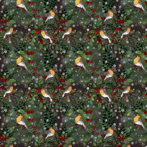 Wee Robins in a Holly Tree (Dark Green small scale)  