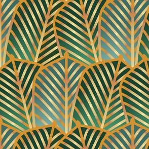 Waving art deco palms gold,  moss green and aquamarine blue
