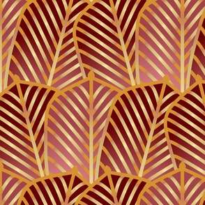 Waving Art deco palms gold, red and pink