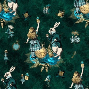 Alice in Wonderland Characters - Bottle Green and Gold Vintage Style