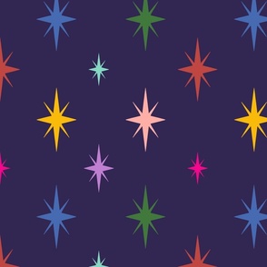 Midcentury stars starburst colorful on dark blue