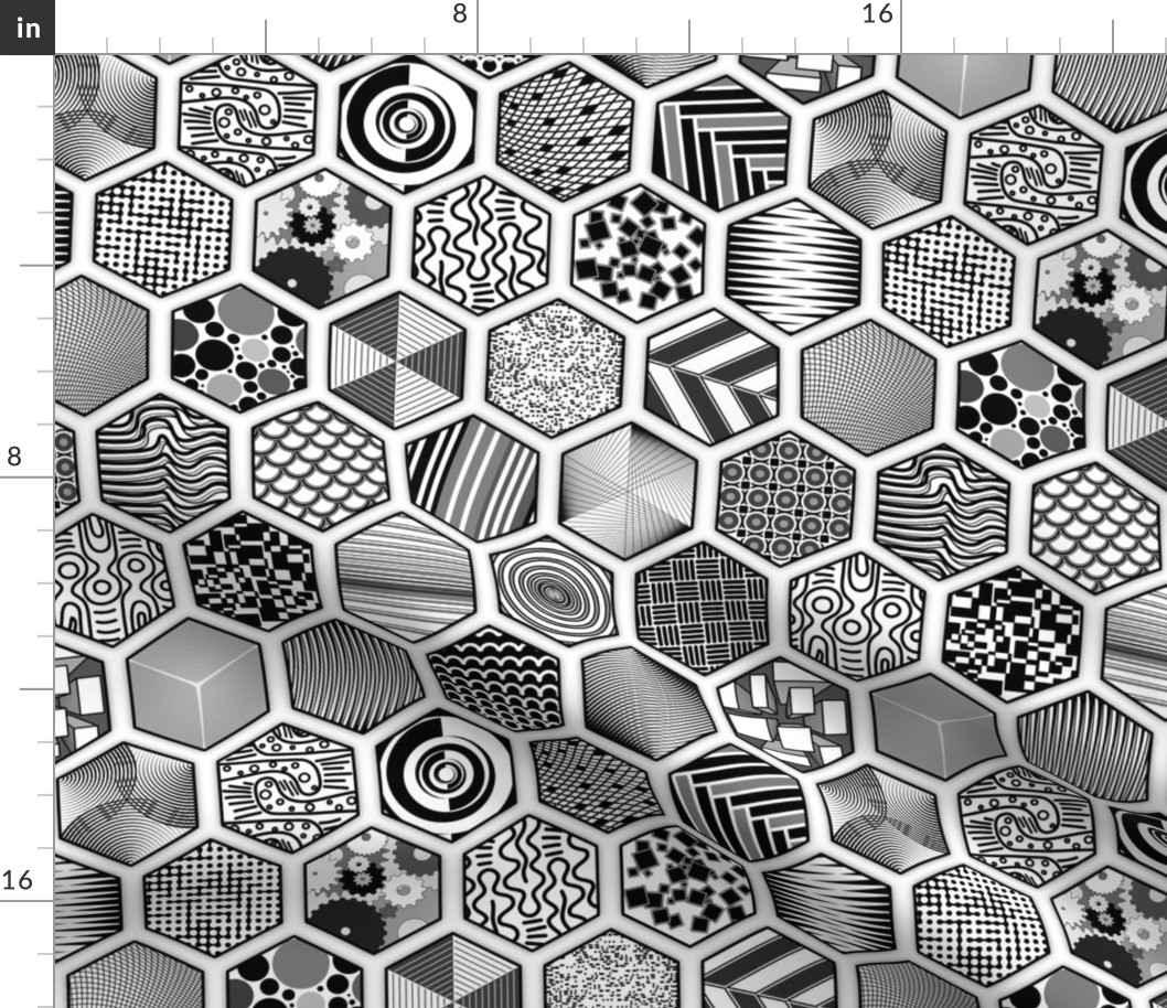 Hexagon matrix with a different pattern each in black and white