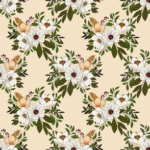 Cream and Peach Leafy Magnolias Floral