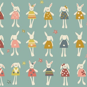 Sweet Front and Back Views of Bunny Dolls Wearing Dresses on Light Teal Ground Large