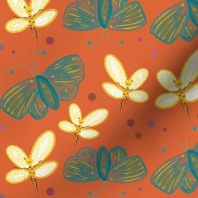 Happy Dance with Friends, Abstract, Little Creature, Butterfly, Seamless, Forest, Repeating, Fun, Orange, Golden, Yellow, Green