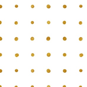 Golden dots on white background. Classic polka dots with golden touch. Small scale