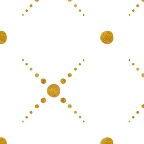 Golden dots on white background. Golden cross x. Classic polka dots with golden touch. Big scale